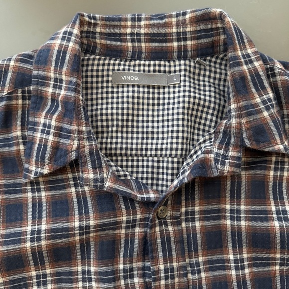Vince Flannel Shirt Mens Large Navy Blue Brown Plaid Button Up Long Sleeve - Picture 7 of 8